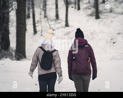 Zwei Personen in Winterkleidung und Rucksäcken spazieren durch einen verschneiten Wald und genießen ein friedliches Outdoor-Abenteuer inmitten der Natur. Stockfoto