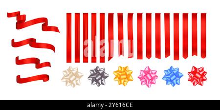 Set aus realistischen Bändern aus rotem Satin und dekorativen Schleifen in Farbe. Geschenkband mit Seide, Etikett, Lesezeichen, Flagge, Verpackungsband, Schleife, Etikett zum Verkauf Stock Vektor