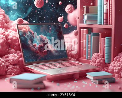 Ein atemberaubendes digitales Rendering eines Laptops mit einer lebendigen kosmischen Szene, umgeben von rosa Wolken und Bücherregalen, schafft einen surrealen Arbeitsplatz atmos Stockfoto