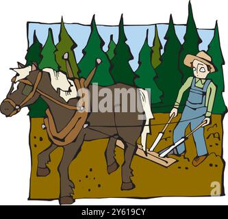 Abstraktes Bauernpflügfeld mit einem Pferd Vektor-Illustration isoliert Stock Vektor