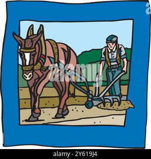 Abstraktes Bauernpflügfeld mit einem Pferd Vektor-Illustration isoliert Stock Vektor
