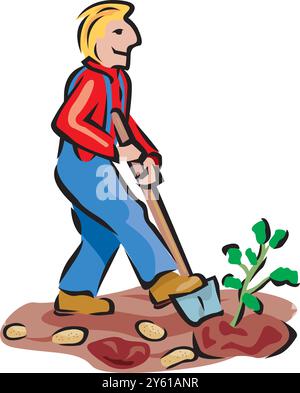 Gartenarbeit flaches Symbol mit Mann graben mit Schaufel Vektor Illustration Stock Vektor