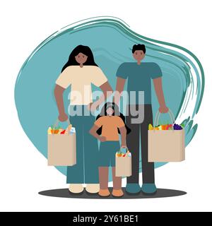 Schwarze Familien-Shopping-Illustration im flachen Vektor-Stil. Afroamerikanischer Vater, Mutter und Tochter in Papiertüten. Perfekt für Stock Vektor