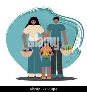 Schwarze Familieneinkäufe. Vektor-flache Illustration von afroamerikanischen Eltern und Tochter, die gewebte Körbe mit Lebensmitteln halten. Perfekt für den Markt Stock Vektor
