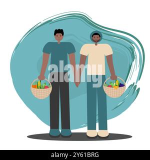 Schwarzes schwules Paar einkaufen. Vektor-flache Illustration von zwei afroamerikanischen Männern, die gewebte Körbe halten, die mit Nahrung gefüllt sind. Zur Verwendung in lgbtq inklusive Stock Vektor