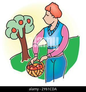 Bauernfrau pflückt Äpfel im Gartenvektor, isolierte Frau, die Bauernhofkleidung trägt Stock Vektor