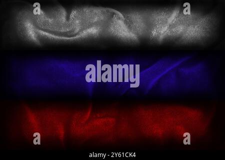 Russische Flagge Illustration (repräsentiert die Farben Russlands - weiß, blau, rot) mit dunklem texturiertem Stoffhintergrund Stockfoto