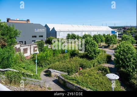 Tilleur, Lüttich, Belgien, 10. August 2024 - Blick auf die pont de Seraing, eine Industrie- und Naturlandschaft Stockfoto