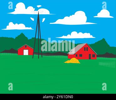 Cartoon-Illustration einer Bauernlandschaft mit Gebäuden und Herde Stock Vektor