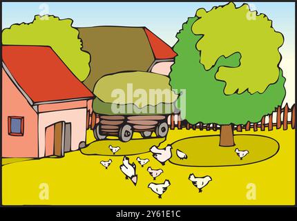 Isometrischer Bauernhof mit Mühlen Scheune und Silo Heuzaun und Straßenlaterne isolierte Vektorillustration Stock Vektor