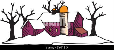 Isometrischer Bauernhof mit Mühlen Scheune und Silo Heuzaun und Straßenlaterne isolierte Vektorillustration Stock Vektor