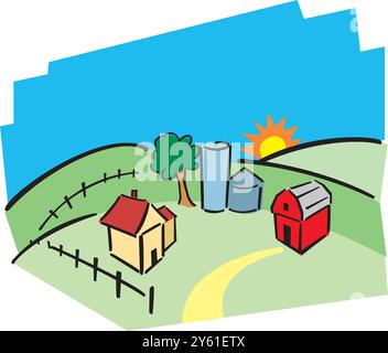 Isometrischer Bauernhof mit Mühlen Scheune und Silo Heuzaun und Straßenlaterne isolierte Vektorillustration Stock Vektor