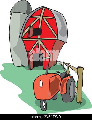 Isometrischer Bauernhof mit Mühlen Scheune und Silo Heuzaun und Straßenlaterne isolierte Vektorillustration Stock Vektor