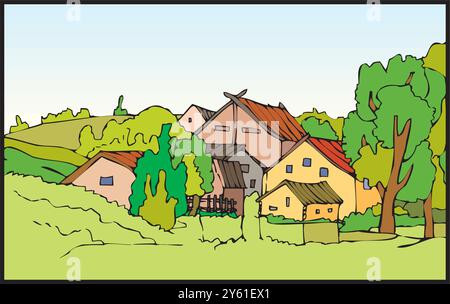 Isometrischer Bauernhof mit Mühlen Scheune und Silo Heuzaun und Straßenlaterne isolierte Vektorillustration Stock Vektor