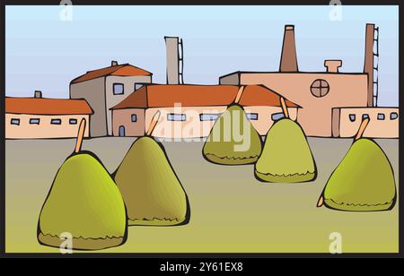 Isometrischer Bauernhof mit Mühlen Scheune und Silo Heuzaun und Straßenlaterne isolierte Vektorillustration Stock Vektor