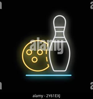 Neonschild für eine Bowlingkugel, die auf eine Nadel zielt, perfekt für die Illustration einer Bowlingbahn oder eines lustigen Abends Stock Vektor