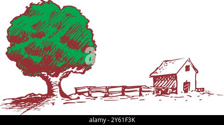 Isometrischer Bauernhof mit Mühlen Scheune und Silo Heuzaun und Straßenlaterne isolierte Vektorillustration Stock Vektor