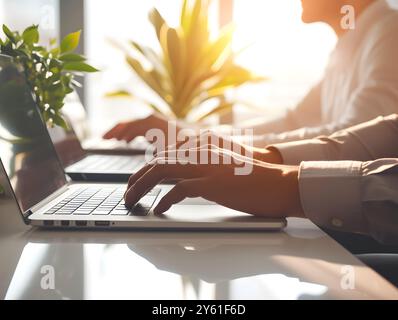 Dieses Bild zeigt Profis, die sich auf das Tippen auf Laptops konzentrieren, in einem hellen, minimalen Arbeitsbereich mit Pflanzen, die Produktivität und modernes Arbeiten repräsentieren Stockfoto