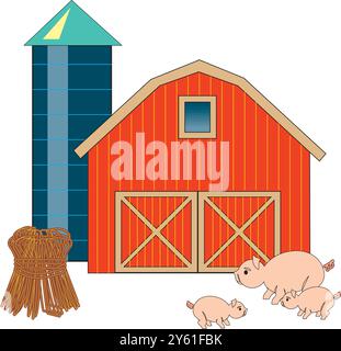 Isometrischer Bauernhof mit Mühlen Scheune und Silo Heuzaun und Straßenlaterne isolierte Vektorillustration Stock Vektor