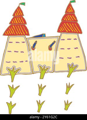 Isometrischer Bauernhof mit Mühlen Scheune und Silo Heuzaun und Straßenlaterne isolierte Vektorillustration Stock Vektor