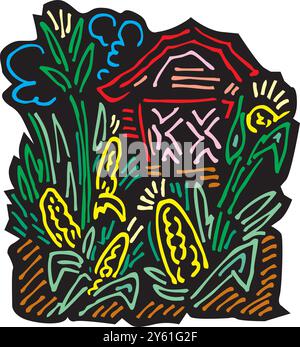 Isometrischer Bauernhof mit Mühlen Scheune und Silo Heuzaun und Straßenlaterne isolierte Vektorillustration Stock Vektor