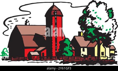 Isometrischer Bauernhof mit Mühlen Scheune und Silo Heuzaun und Straßenlaterne isolierte Vektorillustration Stock Vektor