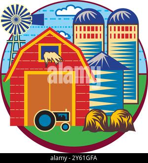 Isometrischer Bauernhof mit Mühlen Scheune und Silo Heuzaun und Straßenlaterne isolierte Vektorillustration Stock Vektor