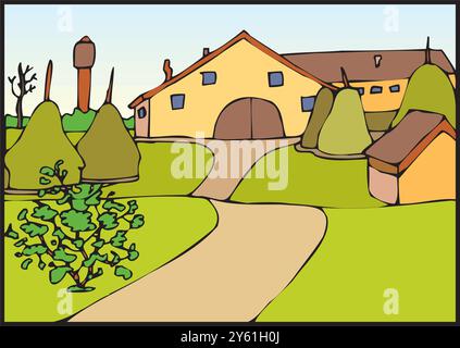 Isometrischer Bauernhof mit Mühlen Scheune und Silo Heuzaun und Straßenlaterne isolierte Vektorillustration Stock Vektor