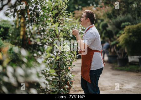 Junger Gärtner mit Down-Syndrom, der zu üppigen Gartensträuchern neigt Stockfoto