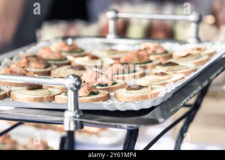 Wein der Ehre, Amuse Bouche für eine Hochzeit, schöne Präsentation und köstlich Stockfoto