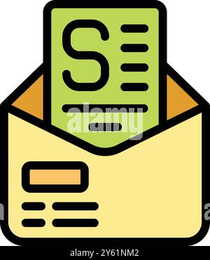 Öffnen Sie den gelben Umschlag mit grünem Dokument mit dem Buchstaben s, Konzept für wichtige Nachricht oder Benachrichtigung Stock Vektor