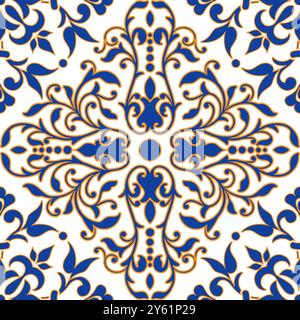 Bodenfliesen mit traditionellem spanischem Blumenschmuck. Portugiesische Motive. Kompliziertes Mosaikmuster Stock Vektor