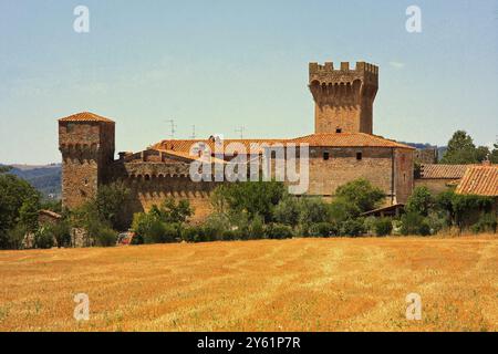 Sommerlandschaft mit Weizenfeldern, Val d'Orcia, Provinz Siena, Toskana, Italien Stockfoto