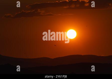 Lange Pause bei Sonnenuntergang an einem mediterranen Strand, Wasserbewegung, goldene Stunde und Landschaft inspirierend Ruhe und Fülle Stockfoto