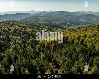 Little Beskids Bergkette. Drohnenansicht des Dorfes Rzyki in Beskid Maly Polen. Beskid Maly Luftpanorama des Potrojna-Hügels und des czarny gron. Cz Stockfoto