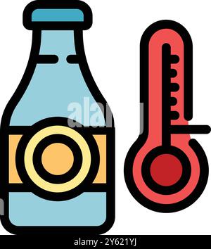 Dieses Symbol stellt das Konzept dar, eine Glasflasche bei der richtigen Temperatur zu lagern, die vom Thermometer angezeigt wird Stock Vektor