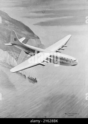 Die größten Flugboote, die jemals in Großbritannien gebaut wurden, nehmen langsam Gestalt an in der Fabrik Cowes, IOW von Saunders-Roe, Ltd Das 100-Sitzer-Flugzeug, von dem drei im Bau sind, ist die S.R.45. Jeder hat ein Gesamtgewicht von mehr als 130 Tonnen und ist 150 Fuß lang. Anfang der 1950er-Jahre sollen diese Schiffe einen 300mph-Luxusservice über den Nordatlantik bieten. Die drei Flugboote haben bereits etwa eine Viertelmillion Pfund gekostet, und obwohl angesichts der kürzlich angekündigten BOAC l Bedenken hinsichtlich der Zukunft geäußert wurden Stockfoto