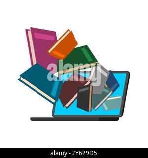 Online-Bibliothek. Bücher fliegen aus dem Computermonitor. Ein Stapel Bücher in einem Laptop. Stock Vektor