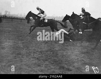 Mr. Parker-Jervis stürzt vom Enal am vierten Zaun des Handicap-Hinderniss der Amateur Riders heute im Sandown Park. 13. Dezember 1947 Stockfoto