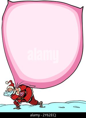 Der Weihnachtsmann trägt eine riesige Tasche. Leerer Platz für Ihre Neujahrswerbung. Weihnachtsgeschenke an Kunden verkaufen. Stock Vektor