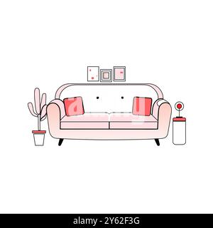 Eine einfache Vektor-Illustration eines Sofas mit Kissen und Topfpflanzen, perfekt für Wohnkultur, Innenarchitektur und Raumaufteilung Grafiken... Stock Vektor
