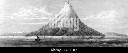 Gravur der Insel vor der Eruption. Der Vulkanausbruch von Krakatoa in der Meerenge von Sunda auf halbem Weg zwischen Java und Sumatra. Der Krakatau (Krakatoa) liegt auf der Insel Rakata, 40 km vor der Westküste von Java. Am 27. August 1883 verschwand die indonesische Insel Rakata fast. Tatsächlich gibt es etwa 75 % der Landfläche Rakatas nicht mehr. Es war der heftigste Vulkanausbruch, der in der Weltgeschichte verzeichnet wurde, der die Zerstörung verursachte und mehr als 30.000 Tote forderte. Stockfoto