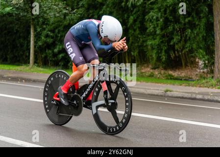 Zürich, Schweiz. September 2024. Andrew August aus den USA fährt im U23 Einzelzeitfahren der Männer während der UCI Road und Para-Cycling Road World Championships Zürich 2024. Quelle: Fabienne Koch/Alamy Live News. Stockfoto