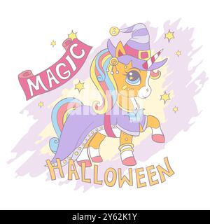 Halloween-Karte mit niedlichem Cartoon-Einhorn mit Hexenhut. Schriftzug Magic Halloween. Vektorillustration in trendigen weichen Farben. Für Druck, Karten, Zoll Stock Vektor