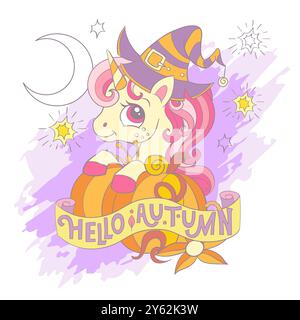 Halloween-Karte mit niedlichem Cartoon-Einhorn, das in einem Kürbis sitzt. „Hallo Herbstschriftzug“. Vektorillustration in trendigen weichen Farben. Für Druck, Karten, Zoll Stock Vektor