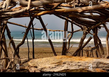 Driftwood Beach Shack am Moonstone Beach in Cambria, Kalifornien. Stockfoto