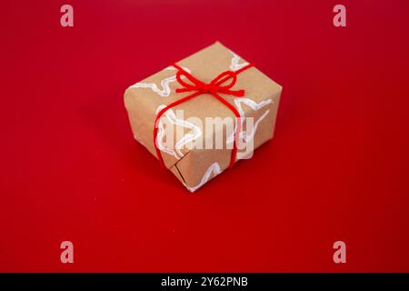 Geschenk in braunem Papier mit weißem Sternenmuster aus gefalteter Toilettenpapierrolle, gebunden mit hellrotem Band. Einzigartige, festliche Verpackung mit h Stockfoto