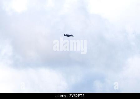 Ein Pilot der Luftwaffe führt am 6. September 2024 ein A-10C Thunderbolt II Flugzeug von der 303rd Fighter Squadron der Whiteman Air Force Base, Mo., über den Luftraum auf der North Post in Fort McCoy, Wiss., als Teil der Ausbildungsmaßnahmen bei der Installation. Laut dem Datenblatt der Air Force für die A-10C ist die Thunderbolt II das erste Luftwaffenflugzeug, das speziell für die enge Luftunterstützung von Bodenkräften entwickelt wurde. Sie sind einfache, effektive und überlebensfähige zweimotorige Düsenflugzeuge, die gegen leichte maritime Angriffsflugzeuge und alle Bodenziele, einschließlich Panzer und andere gepanzerte Fahrzeuge, eingesetzt werden können. Die Stockfoto