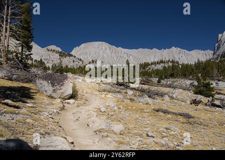 Geschwungene Wanderwege führen zum Berg in der Ferne. Stockfoto