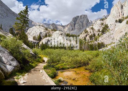 Kurviger Weg im Tal führt zu den Bergen. Stockfoto